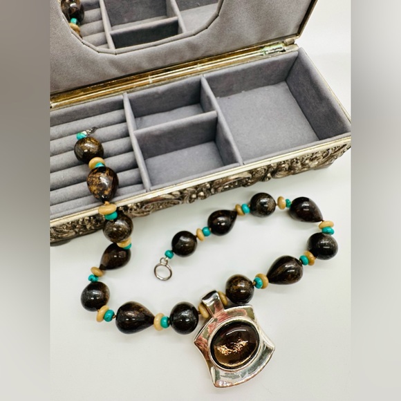 Vintage Simon Sebbag Designer Silver Turquoise Stone Necklace RARE - Picture 17 of 17